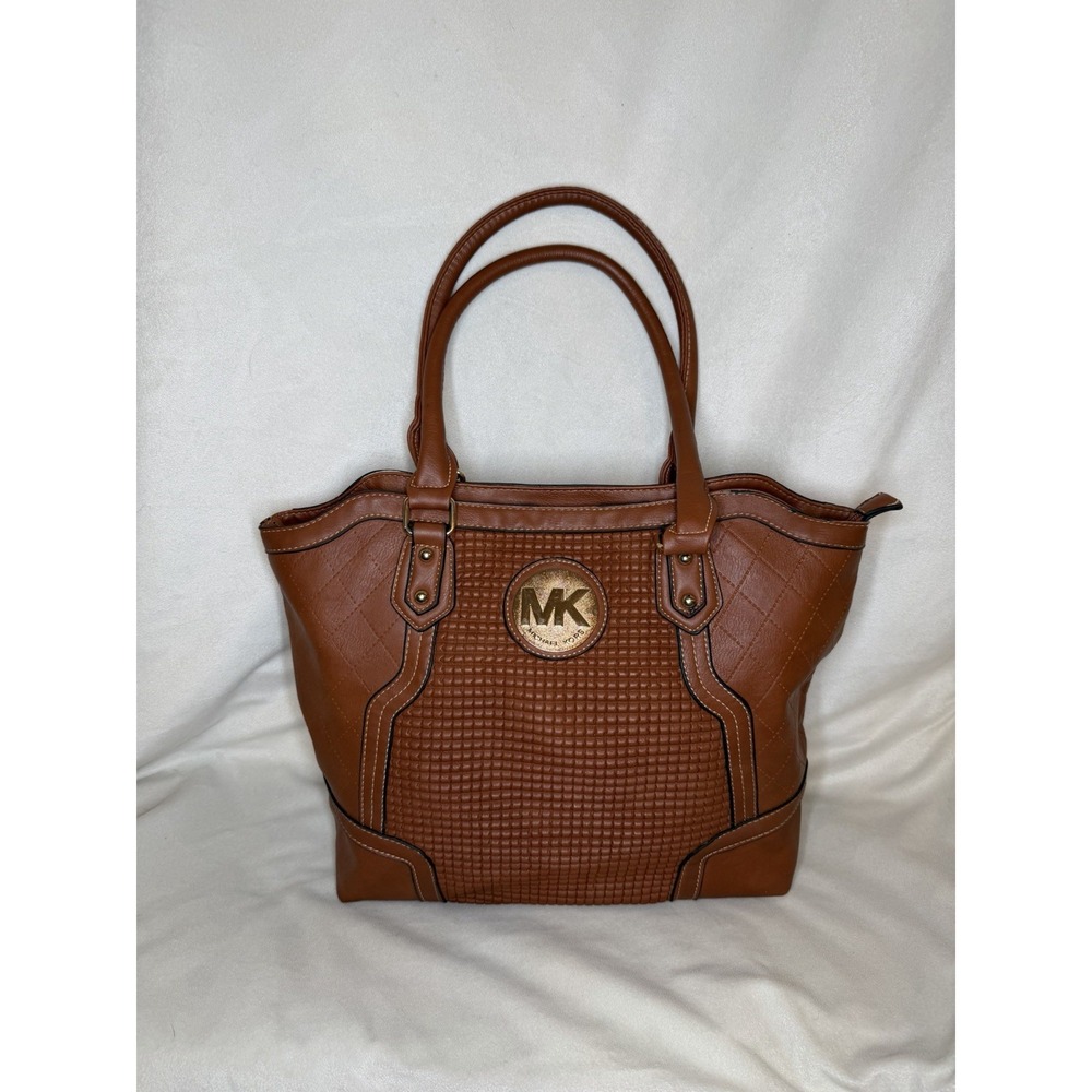 Women's Fashion Brown Zip Top Tote Bag Gold Hardware MK Logo Inner/Outer Pockets
